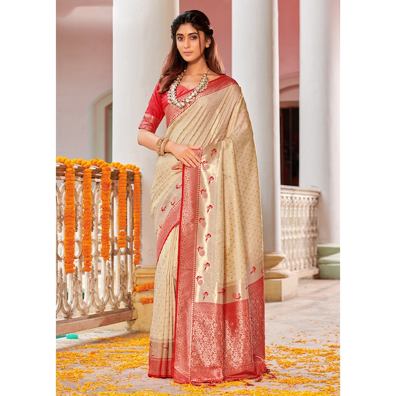 Cream Spun Silk Saree With Blouse Piece - JD986580928