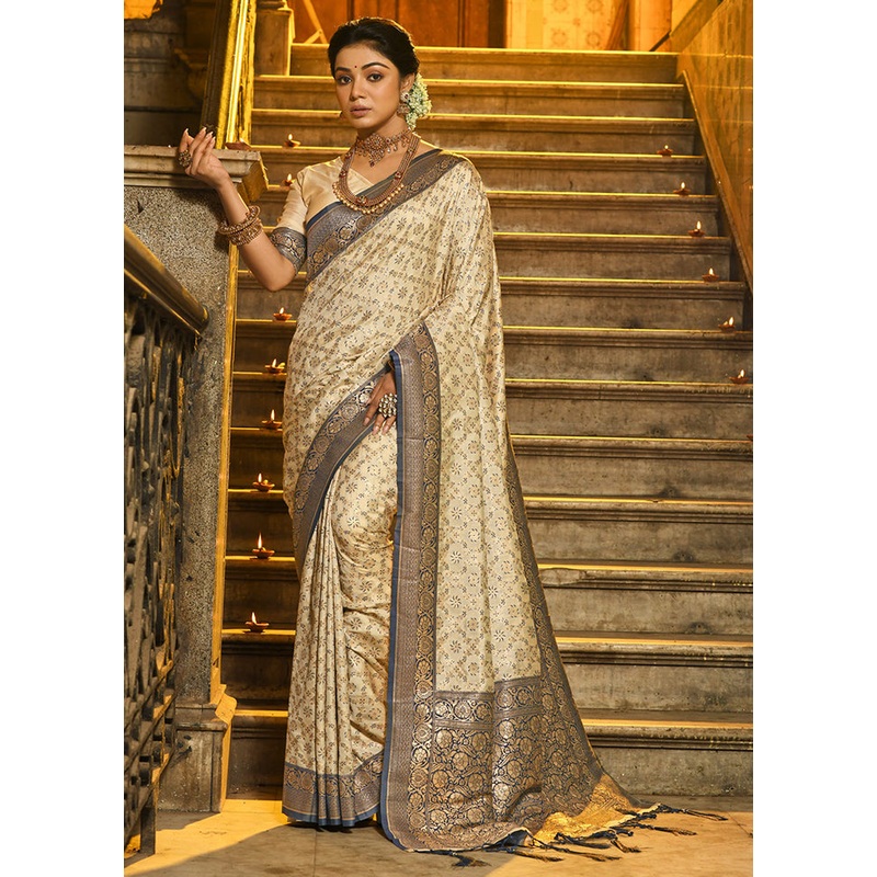 Cream Spun Silk Saree With Blouse Piece - JD986580929
