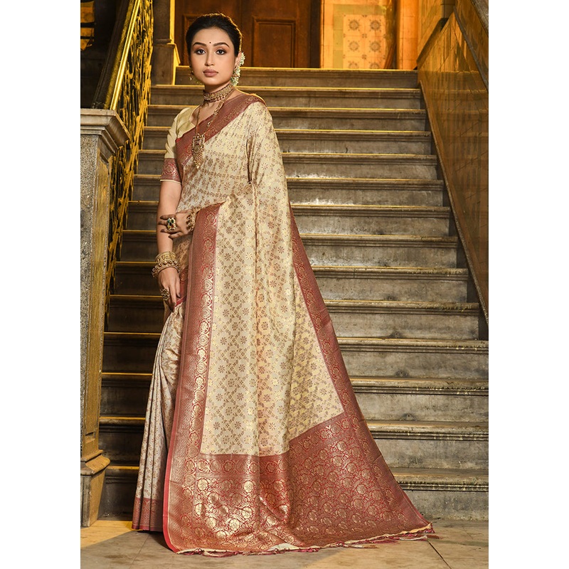 Cream Spun Silk Saree With Blouse Piece - JD986580930
