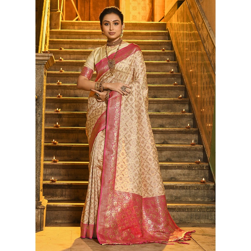 Cream Spun Silk Saree With Blouse Piece - JD986580931