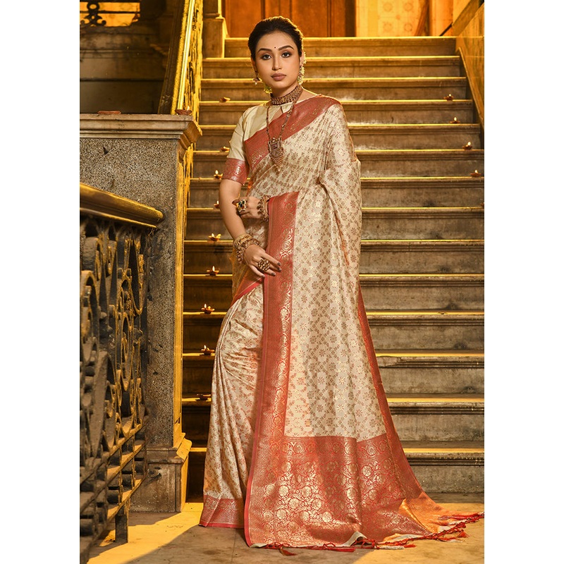 Cream Spun Silk Saree With Blouse Piece - JD986580932