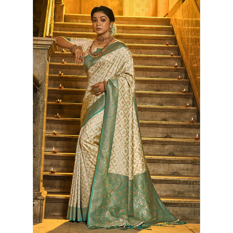 Cream Spun Silk Saree With Blouse Piece - JD986580933