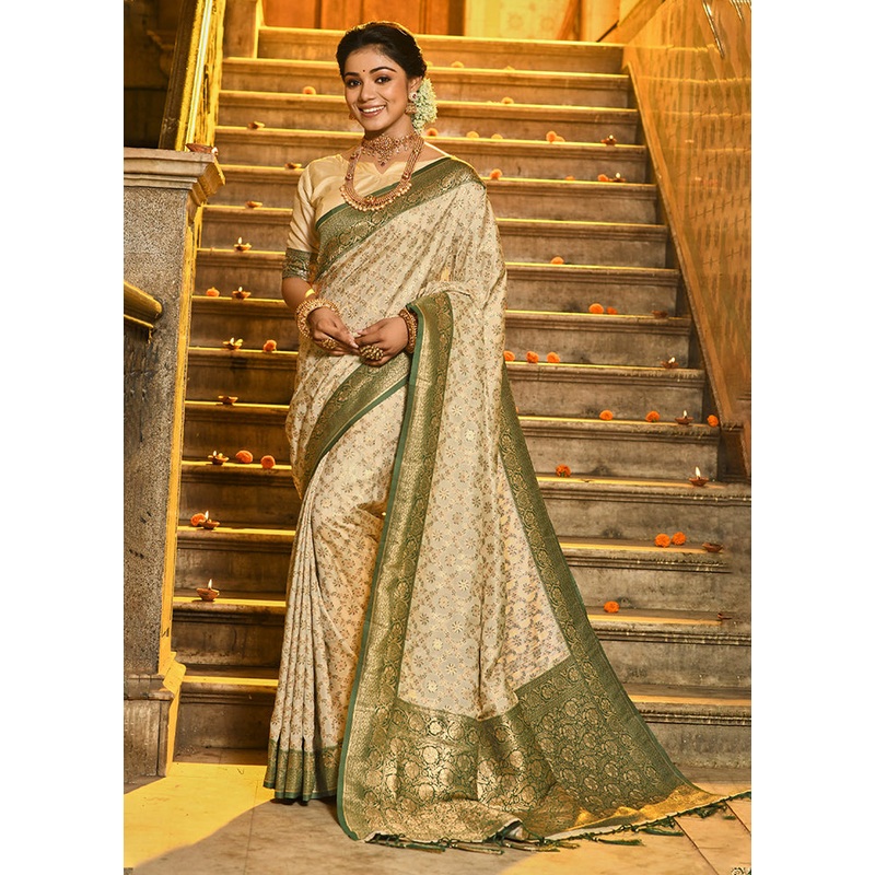 Cream Spun Silk Saree With Blouse Piece - JD986580934