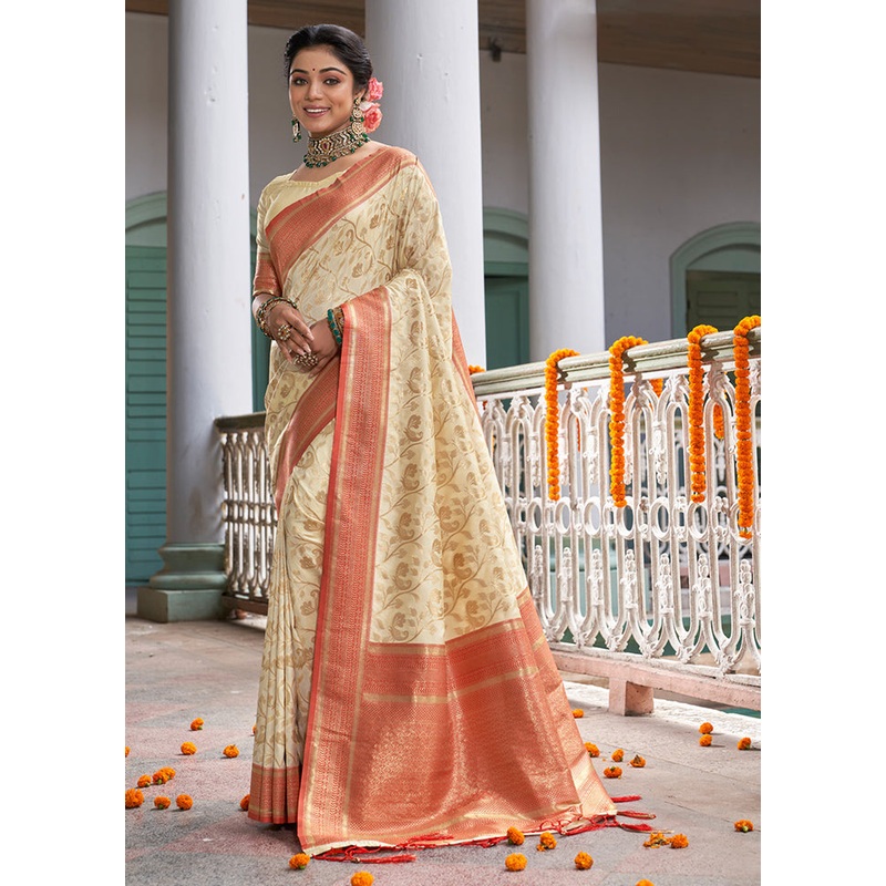 Cream Spun Silk Saree With Blouse Piece - JD986580935