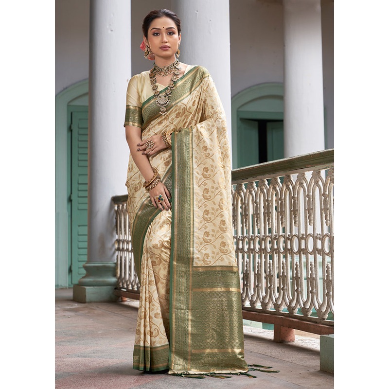 Cream Spun Silk Saree With Blouse Piece - JD986580936
