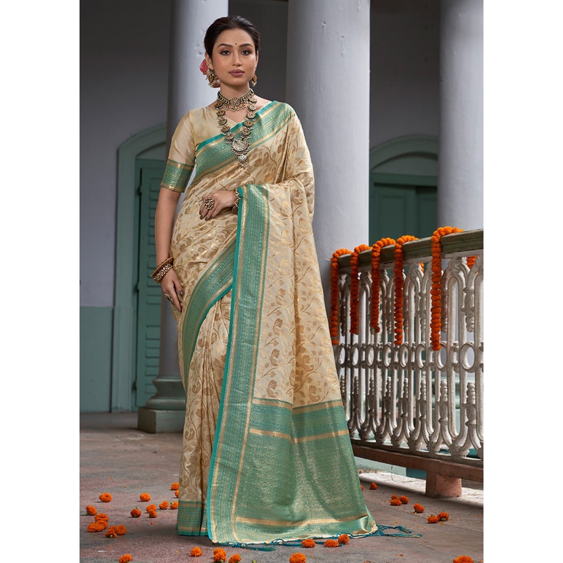Cream Spun Silk Saree With Blouse Piece - JD986580937