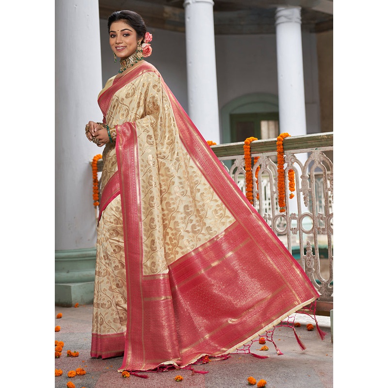 Cream Spun Silk Saree With Blouse Piece - JD986580938