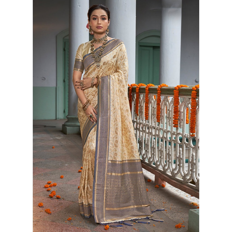 Cream Spun Silk Saree With Blouse Piece - JD986580939