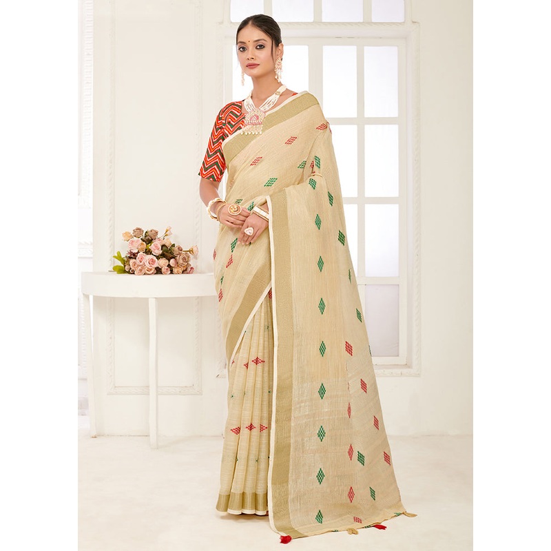 Cream Spun Silk Saree With Blouse Piece - JD986580940