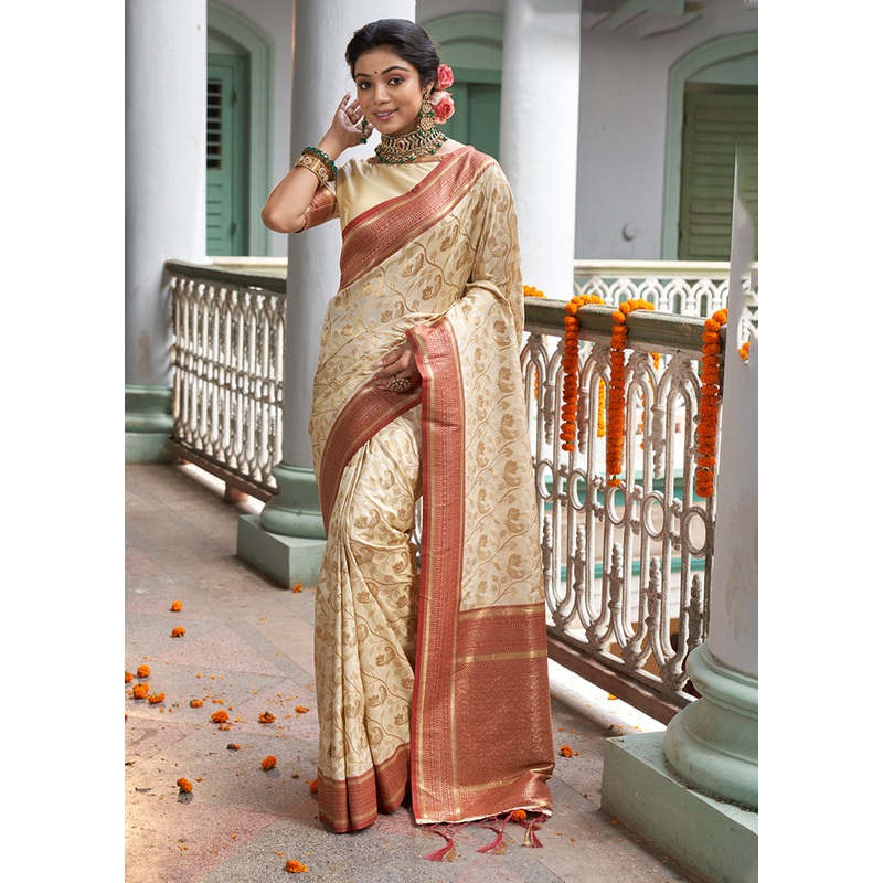 Cream Spun Silk Saree With Blouse Piece - JD986580941