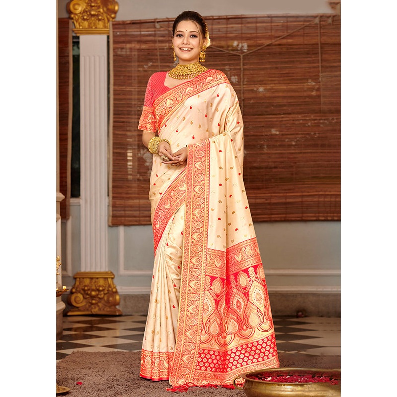 Cream Spun Silk Saree With Blouse Piece - JD986580942