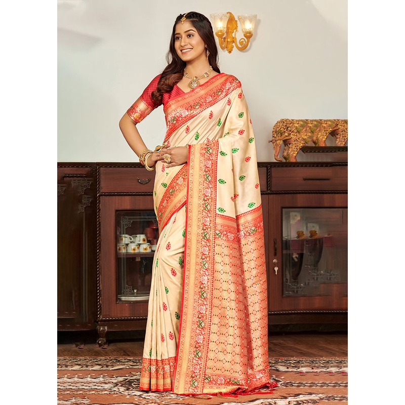 Cream Spun Silk Saree With Blouse Piece - JD986580943