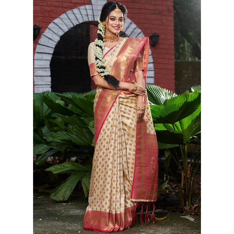 Cream Spun Silk Saree With Blouse Piece - JD986580944
