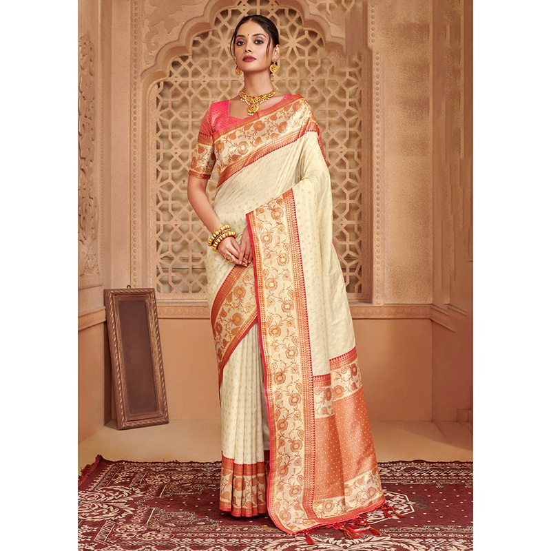 Cream Spun Silk Saree With Blouse Piece - JD986580945