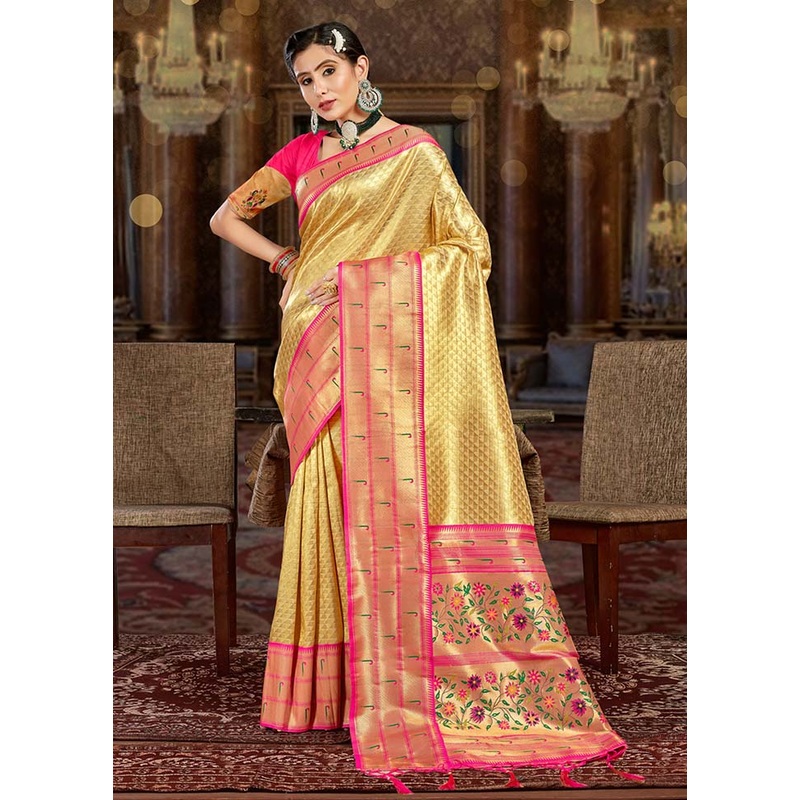 Cream Spun Silk Saree With Blouse Piece - JD986580946