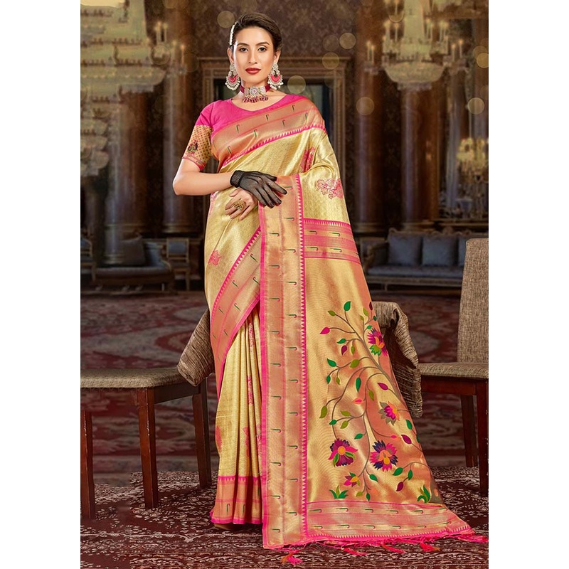 Cream Spun Silk Saree With Blouse Piece - JD986580947