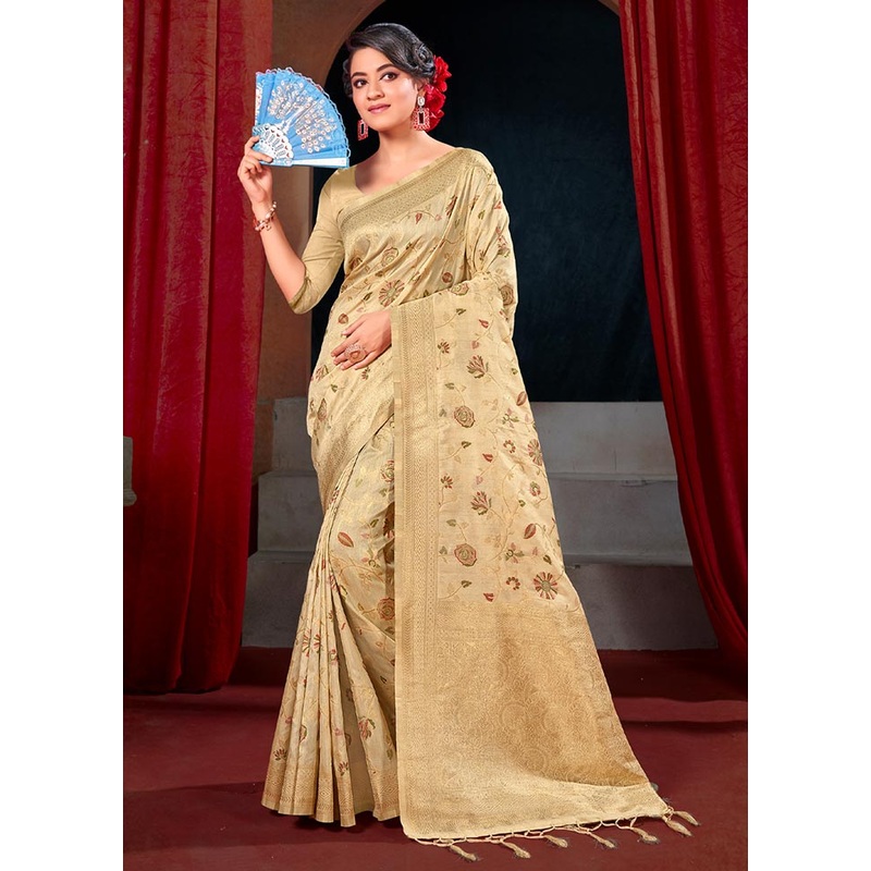 Cream Spun Silk Saree With Blouse Piece - JD986580948