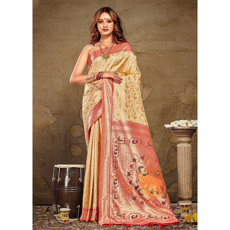 Cream Spun Silk Saree With Blouse Piece - JD986580949