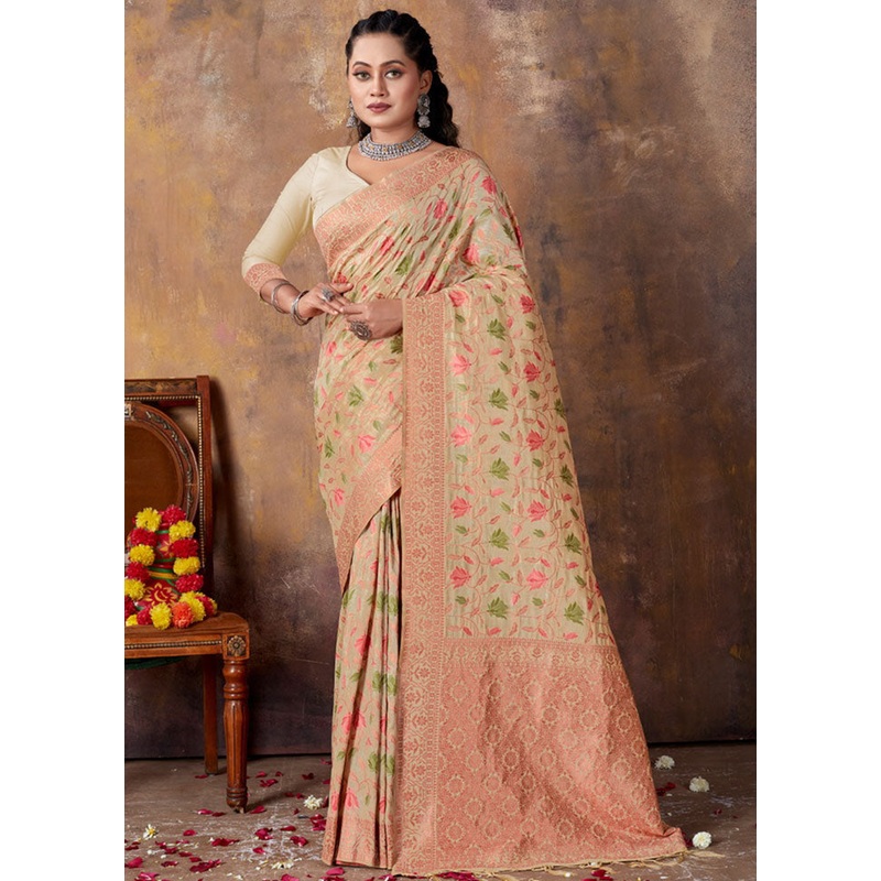 Cream Spun Silk Saree With Blouse Piece - JD986580950
