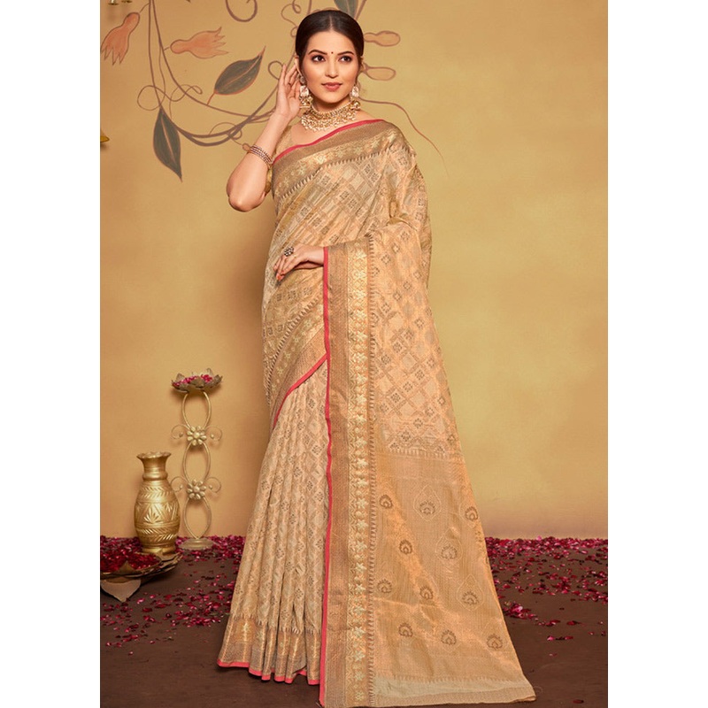 Cream Spun Silk Saree With Blouse Piece - JD986580951