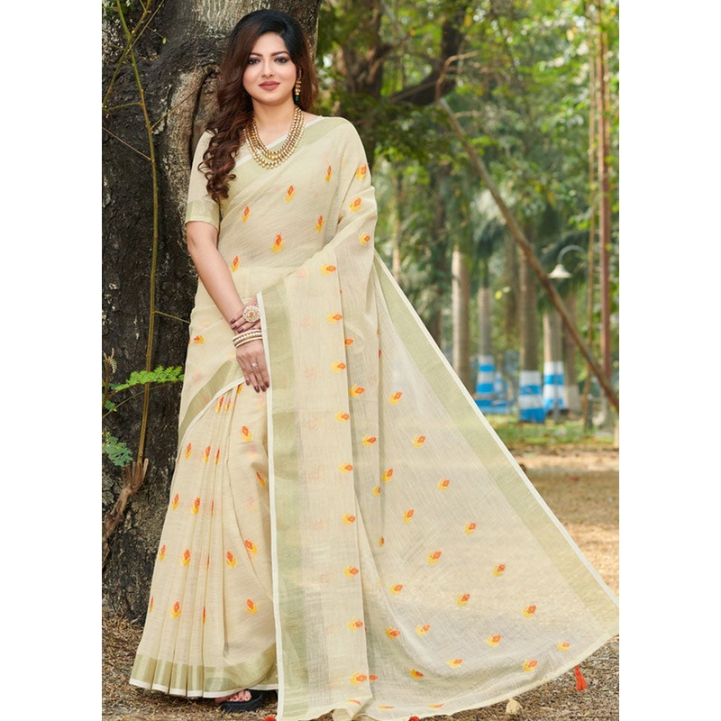 Cream Spun Silk Saree With Blouse Piece - JD986580953