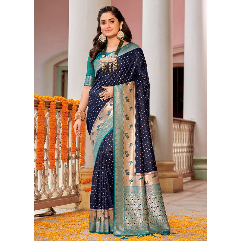 Dark Blue Spun Silk Saree With Blouse Piece - JD986580952