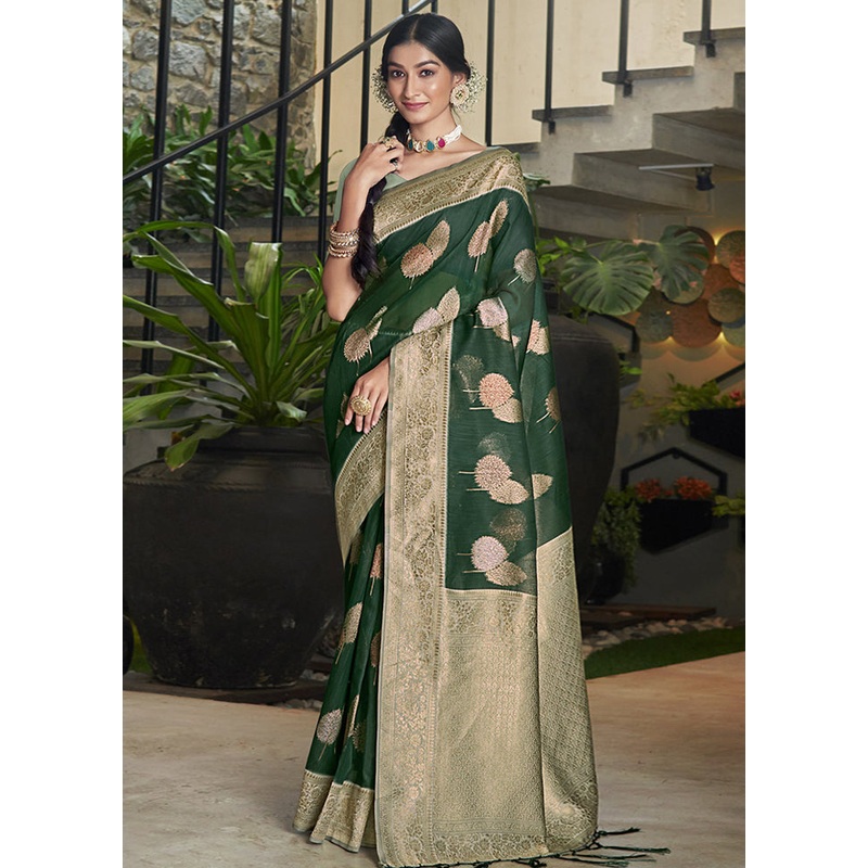 Dark Green Cotton Saree With Blouse Piece - JD986580954