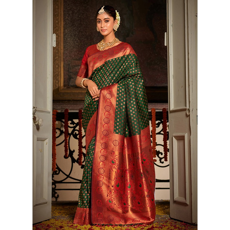 Dark Green Spun Silk Saree With Blouse Piece - JD986580955