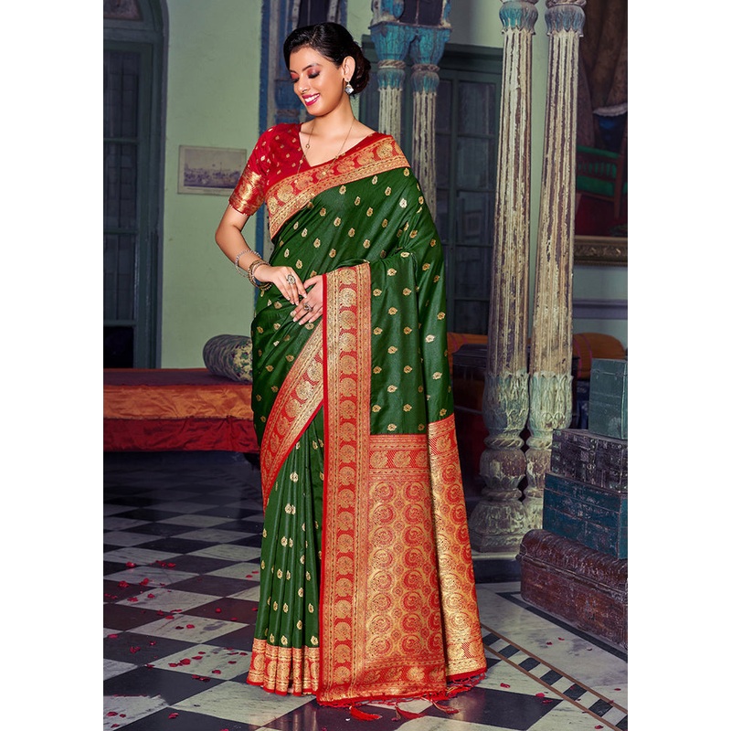 Dark Green Spun Silk Saree With Blouse Piece - JD986580956