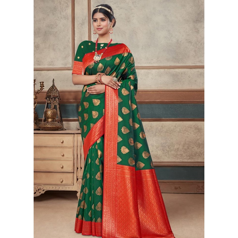 Dark Green Spun Silk Saree With Blouse Piece - JD986580957