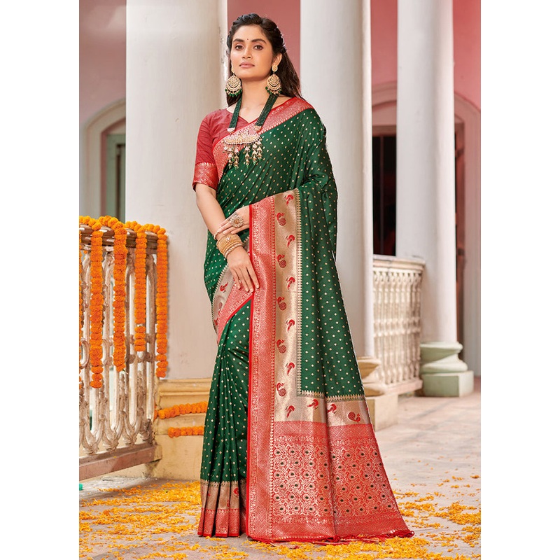 Dark Green Spun Silk Saree With Blouse Piece - JD986580958