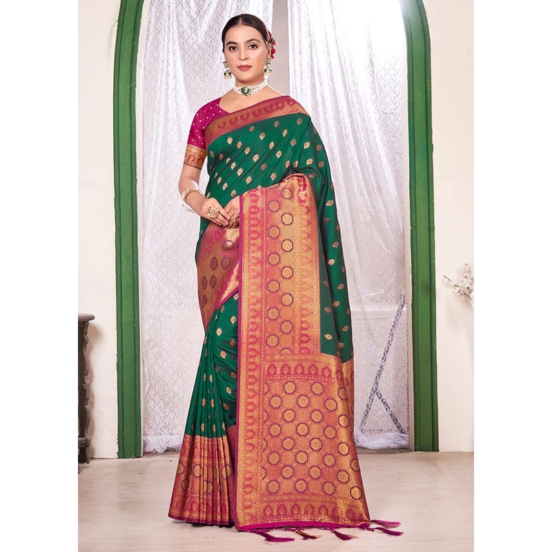 Dark Green Spun Silk Saree With Blouse Piece - JD986580960
