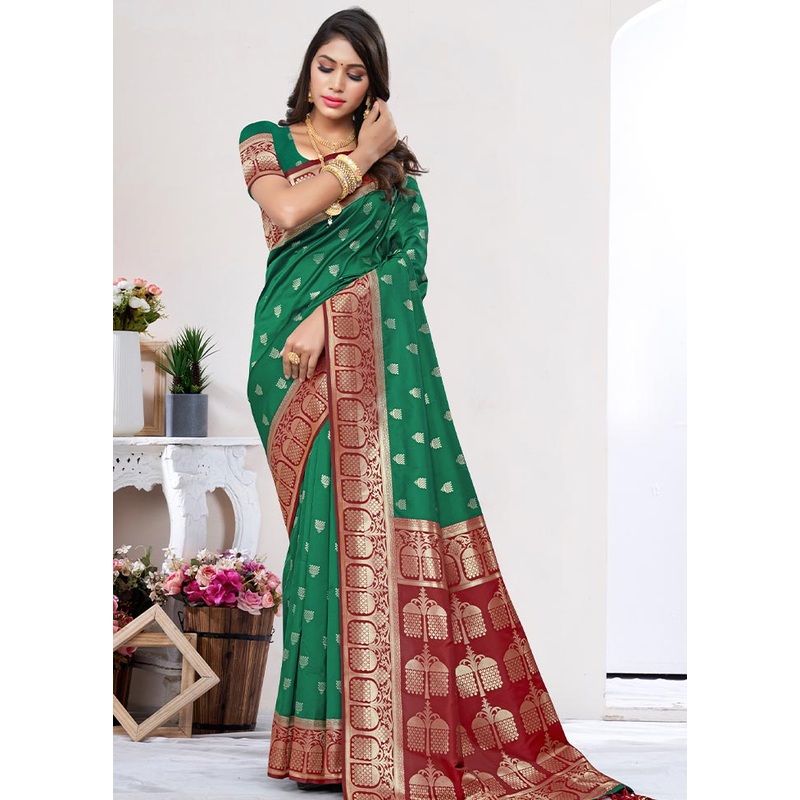 Dark Green Spun Silk Saree With Blouse Piece - JD986580961