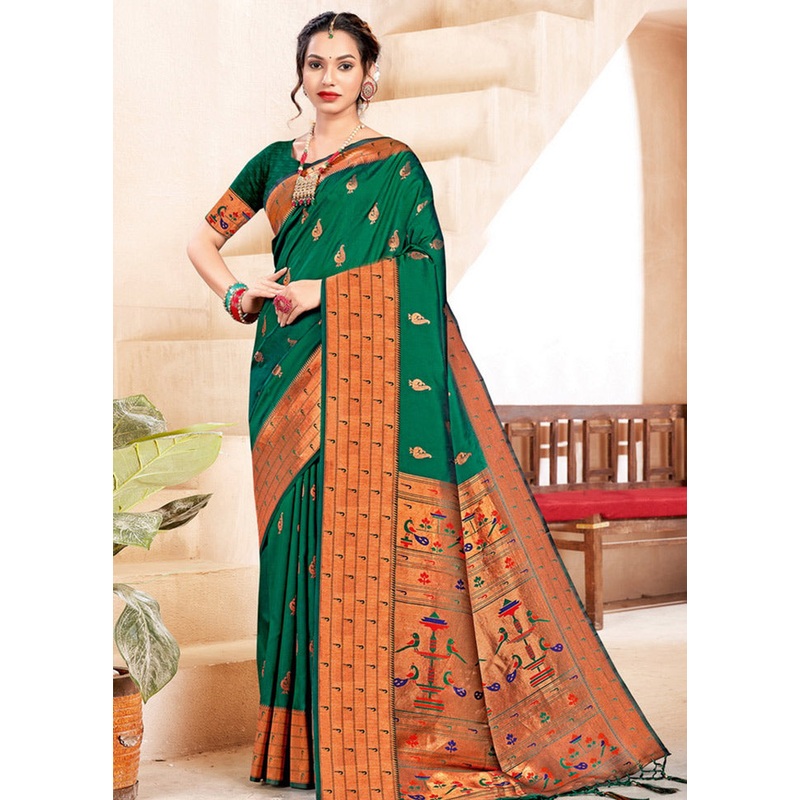 Dark Green Spun Silk Saree With Blouse Piece - JD986580963