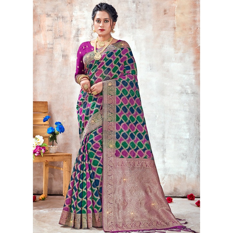Dark Pink Organza Saree With Blouse Piece - JD986580891