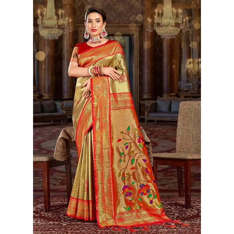 Golden Spun Silk Saree With Blouse Piece - JD986580967