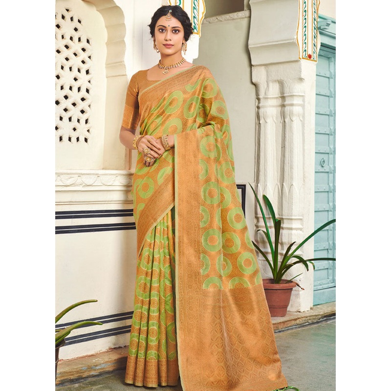 Green Organza Saree With Blouse Piece - JD986580844