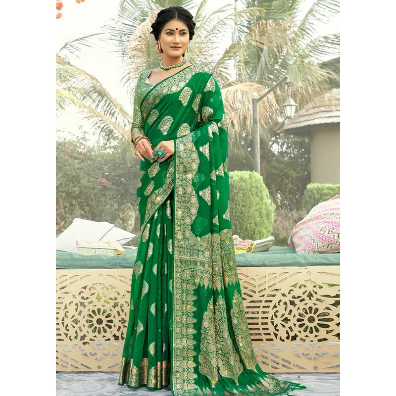 Green Organza Saree With Blouse Piece - JD986580855