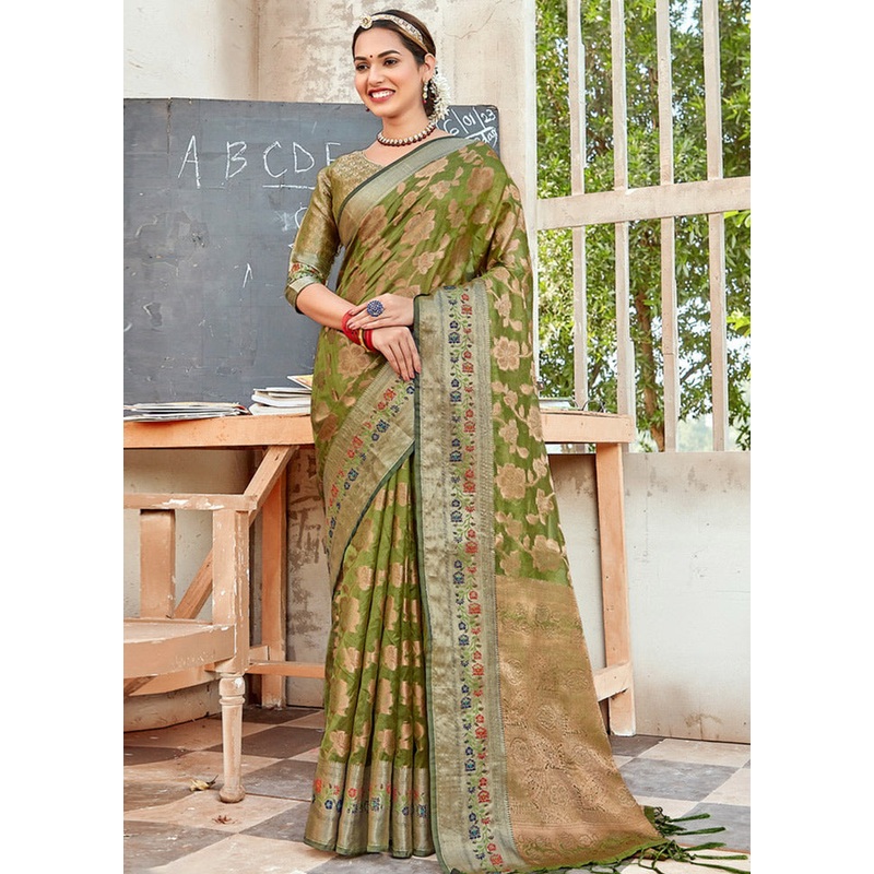 Green Organza Saree With Blouse Piece - JD986580856