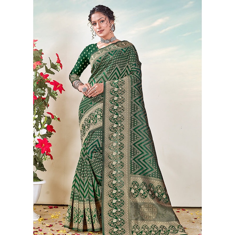 Green Organza Saree With Blouse Piece - JD986580861