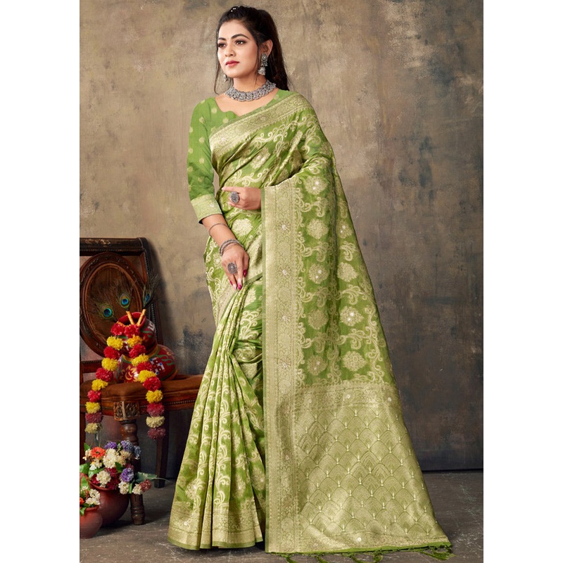 Green Organza Saree With Blouse Piece - JD986580868