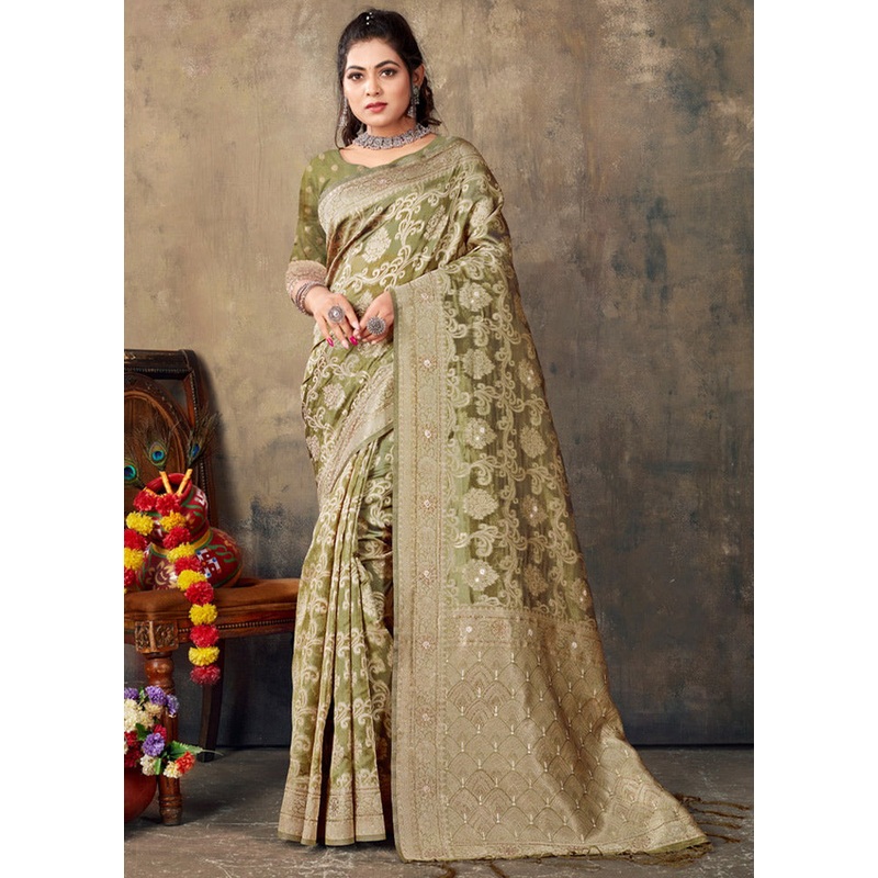 Green Organza Saree With Blouse Piece - JD986580870