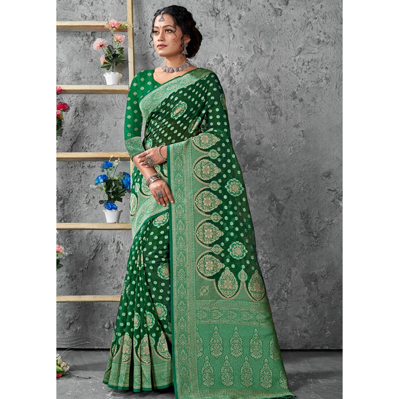 Green Organza Saree With Blouse Piece - JD986580875
