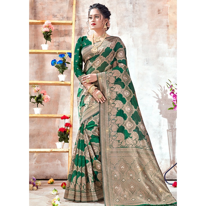 Green Organza Saree With Blouse Piece - JD986580881