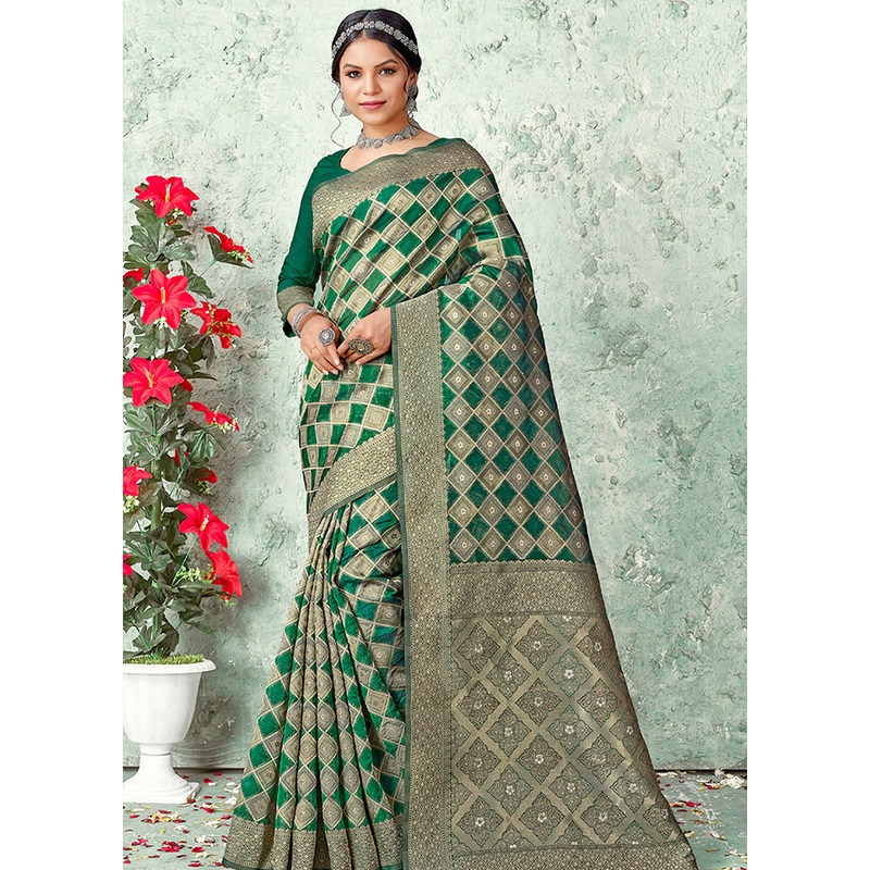 Green Organza Saree With Blouse Piece - JD986580886