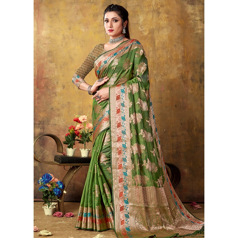 Green Organza Saree With Blouse Piece - JD986580896