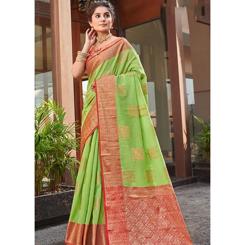 Green Spun Silk Saree With Blouse Piece - JD986580765