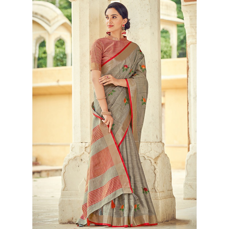 Grey Linen Silk Saree With Blouse Piece - JD986580902