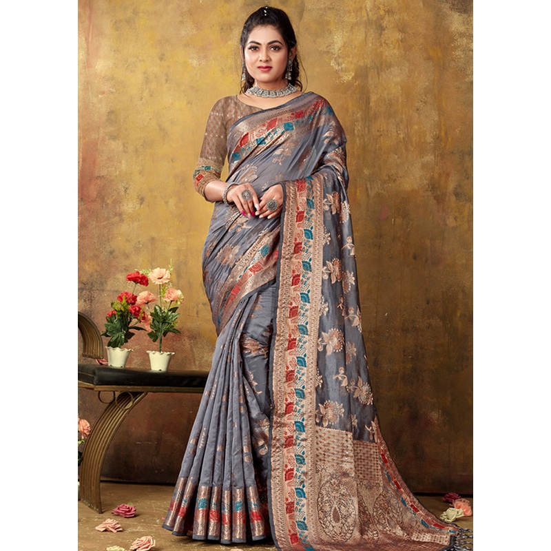 Grey Organza Saree With Blouse Piece - JD986580899