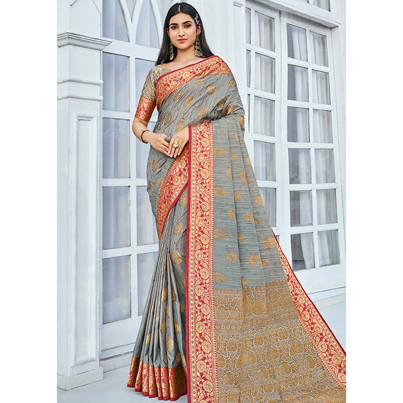 Grey Spun Silk Saree With Blouse Piece - JD986580760